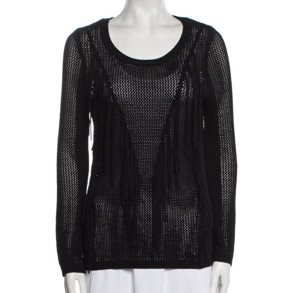 Sandro Fringe Black Scoop Neck Sweater
